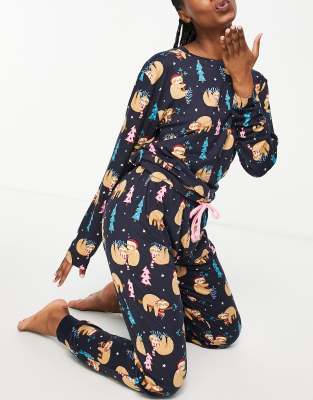 Chelsea Peers Chelsea Peers Christmas sloth long pyjamas in navy