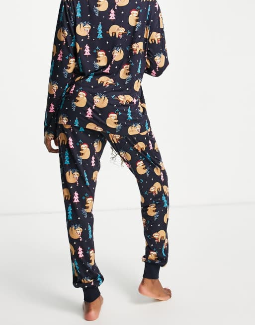 Chelsea Peers Christmas sloth long pyjamas in navy, 2 of 4