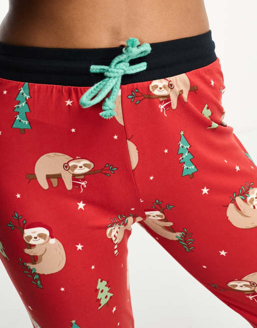 Super Soft Sleepy Christmas Sloth Print Long Cotton Knit Pajama Pants