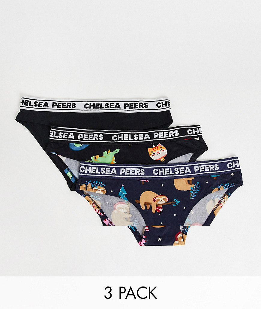 Chelsea Peers christmas sloths 3 pack briefs in navy and black