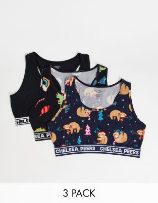 Chelsea Peers Chelsea Peers christmas sloths 3 pack crop top bras in navy and black