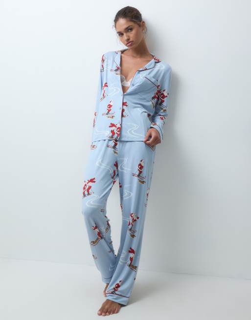 Chelsea Peers Christmas super soft button up pyjama set in blue skiing santa, 2 of 4