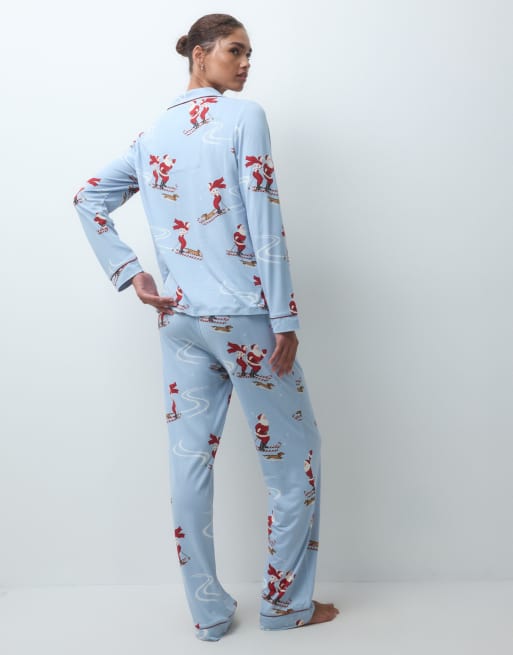 Chelsea Peers Christmas super soft button up pyjama set in blue skiing santa, 4 of 4