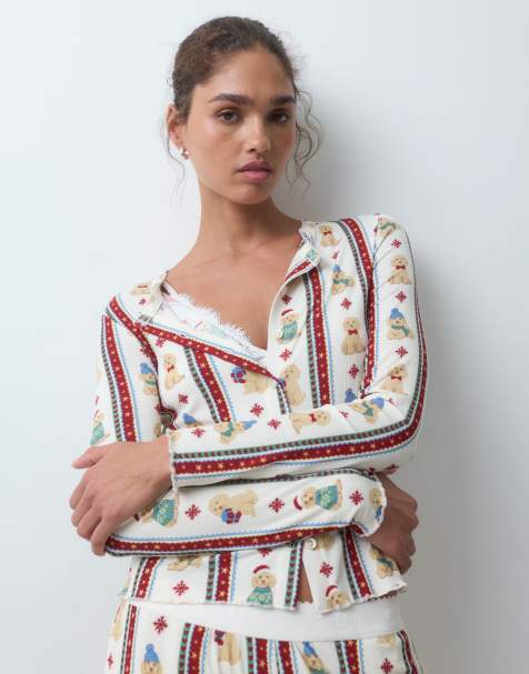 Chelsea Peers Christmas supersoftes Pyjama-Set aus geripptem T-Shirt und Hose mit Streifen und Hundemotiv - view 1