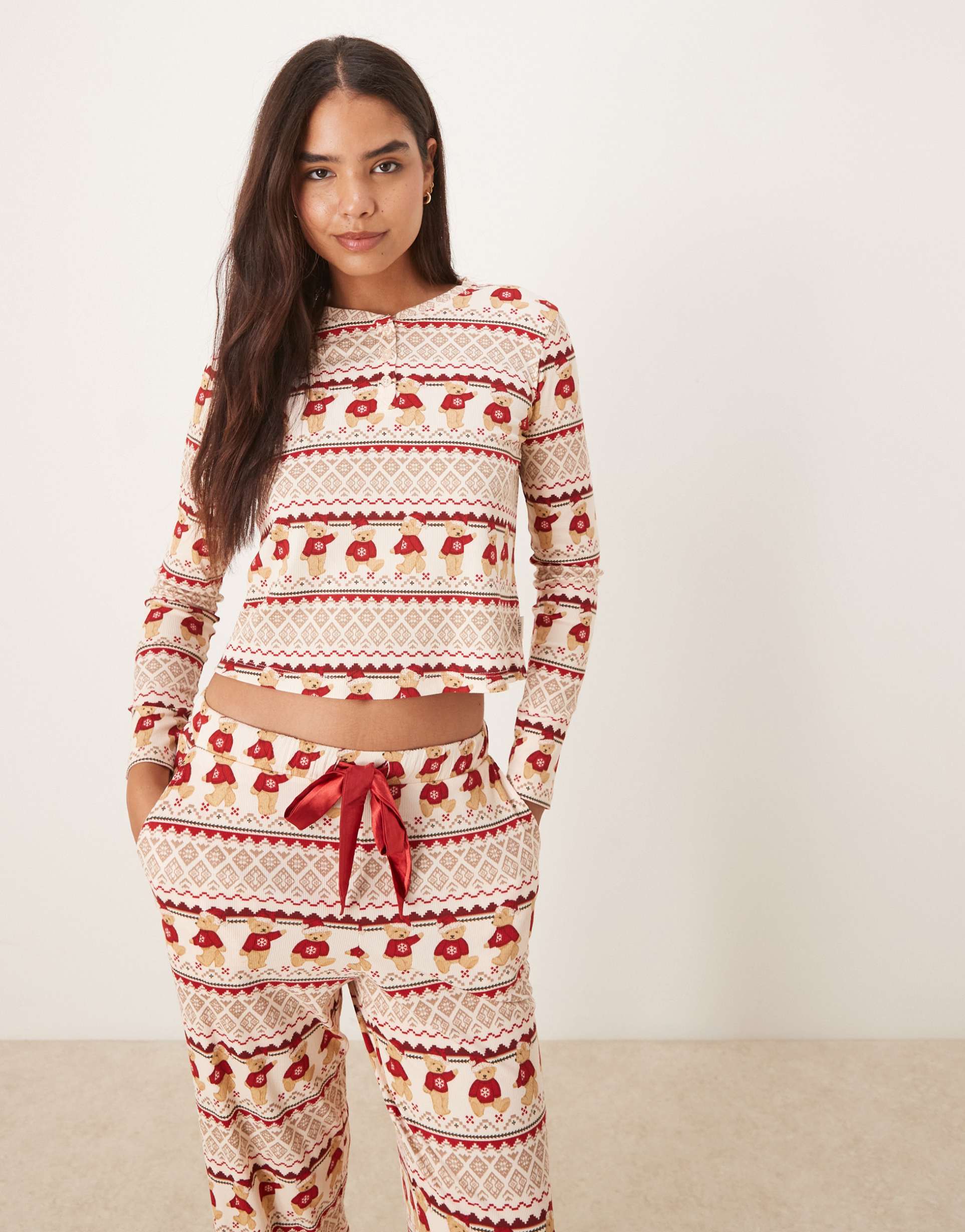 chelsea peers christmas teddy fairisle henley and pants pajama set in multi