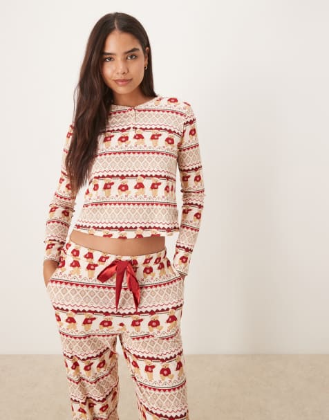 Chelsea Peers Christmas teddy fairisle henley and trouser pyjama set in multi - view 1