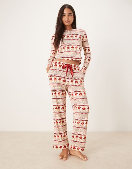 Chelsea Peers Christmas teddy fairisle henley and trouser pyjama set in multi, 3 of 4