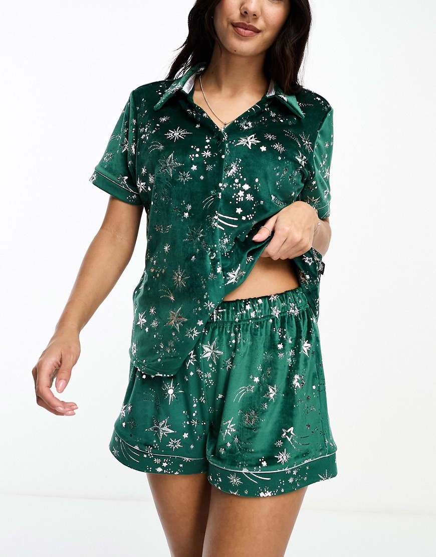 Christmas velvet camp collar top and shorts pajama set with silver foil print in forest green