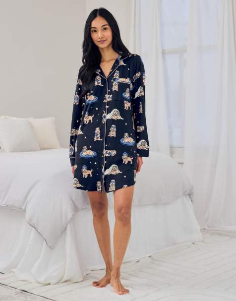 Chelsea Peers Cockapoo snooze print nightshirt in navy - view 1