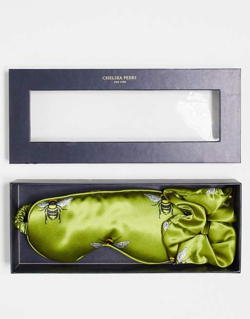 Chelsea Peers - Coffret cadeau avec masque de sommeil et chouchou en satin à imprimé abeille - Olive