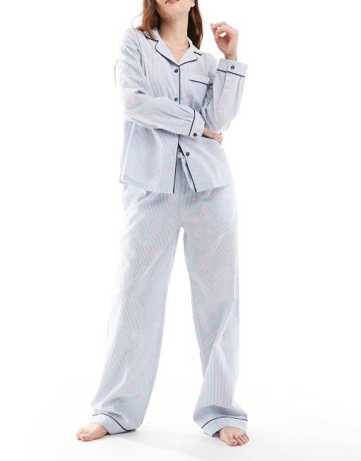 Chelsea Peers - Completo in seersucker a righe con stampa di stelle marine composto da pantaloni e camicia a maniche lunghe 