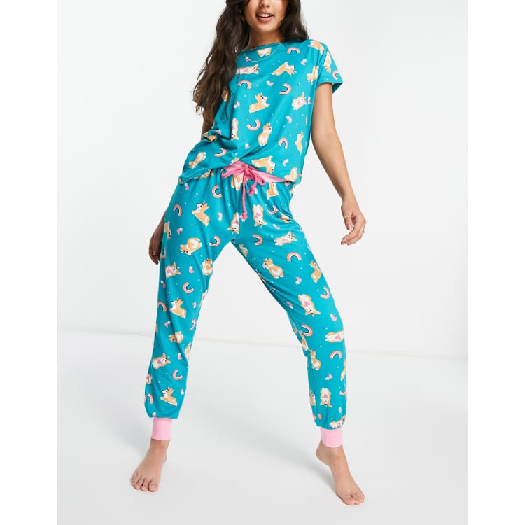 Chelsea Peers Corgi Dog Long Pyjama Set in Blue