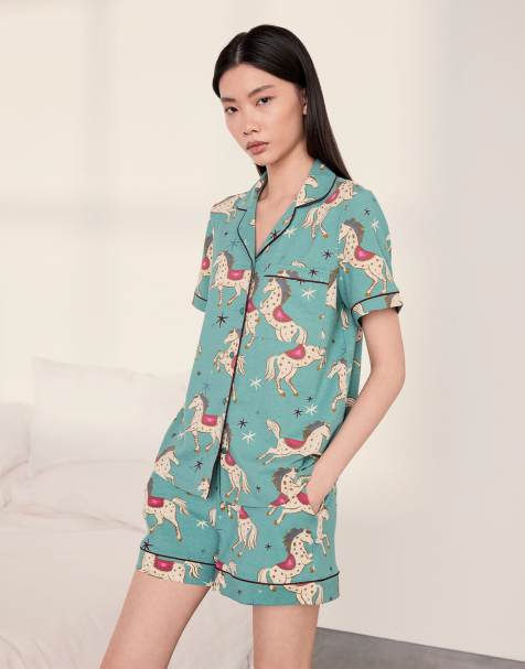 Chelsea Peers Cotton carousel horse print short pyjama set in teal - view 1