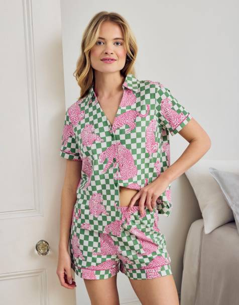 Chelsea Peers Cotton checkerboard leopards print short pyjama set in green - view 1