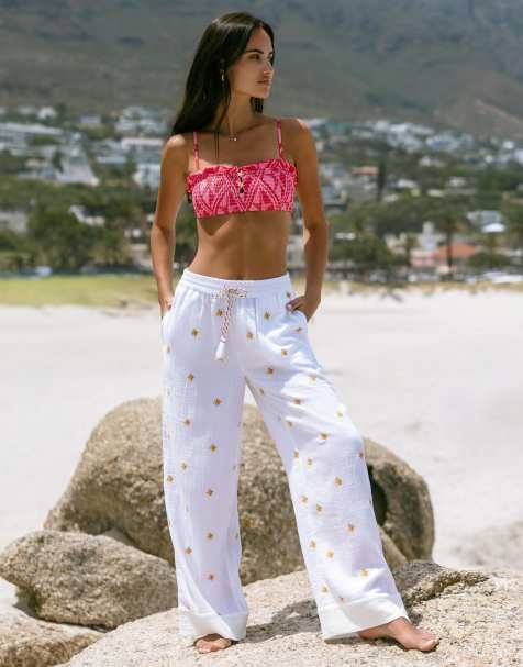 Chelsea Peers Cotton cheesecloth  embroidered sunburst trousers in white - view 1
