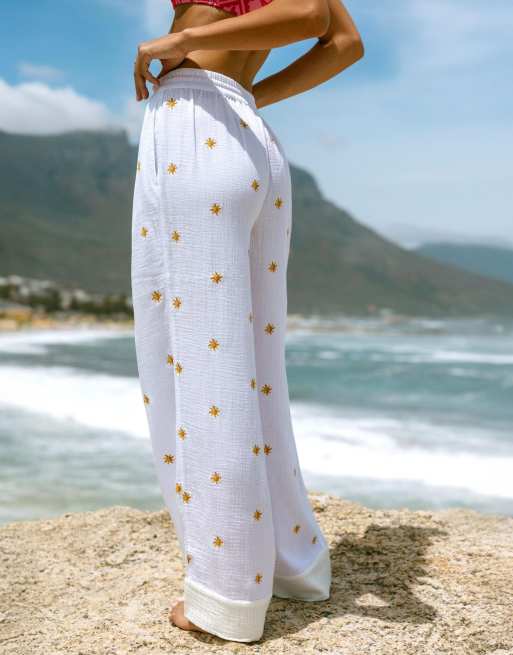 Chelsea Peers Cotton cheesecloth  embroidered sunburst trousers in white, 4 of 4