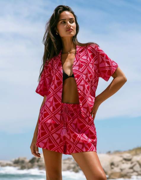 Chelsea Peers Cotton cheesecloth starfish print short sleeve shirt in bright pink - view 1