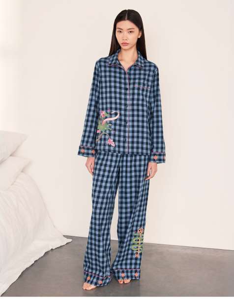 Chelsea Peers Cotton embroidered gingham mythical dragon print long pyjama set in navy - view 1