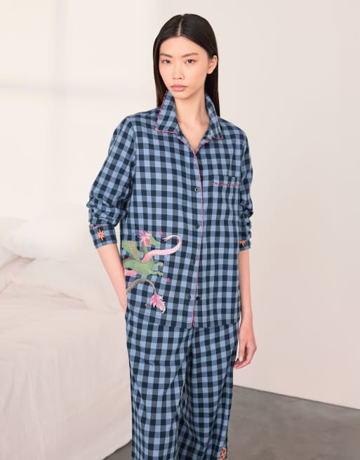 Chelsea Peers Cotton embroidered gingham mythical dragon print long pyjama set in navy, 2 of 6