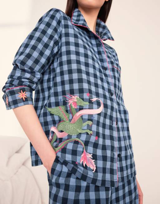 Chelsea Peers Cotton embroidered gingham mythical dragon print long pyjama set in navy, 3 of 6