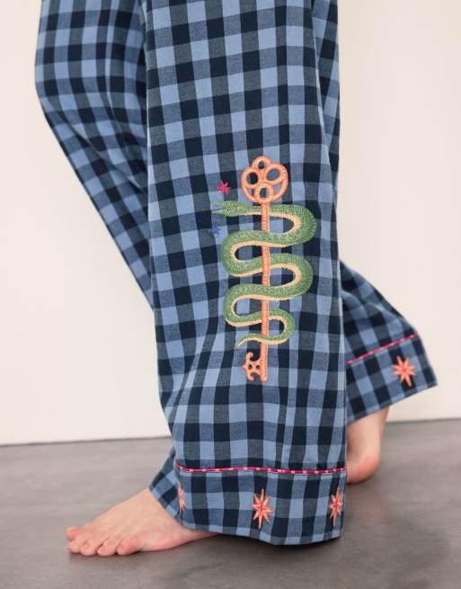 Chelsea Peers Cotton embroidered gingham mythical dragon print long pyjama set in navy, 6 of 6