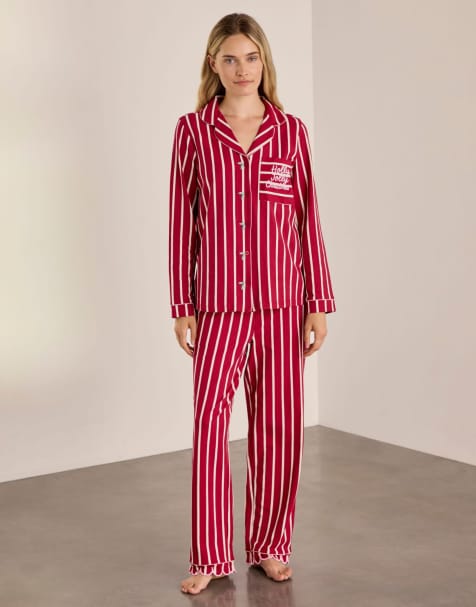 Chelsea Peers Cotton embroidered holly jolly christmas long pyjama set in red - view 1