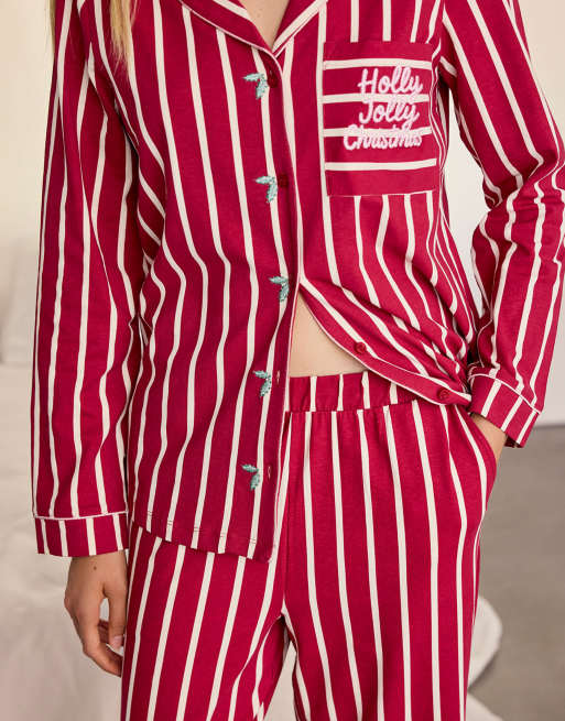 Chelsea Peers Cotton embroidered holly jolly christmas long pyjama set in red, 3 of 7