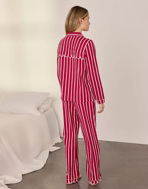 Chelsea Peers Cotton embroidered holly jolly christmas long pyjama set in red, 4 of 7