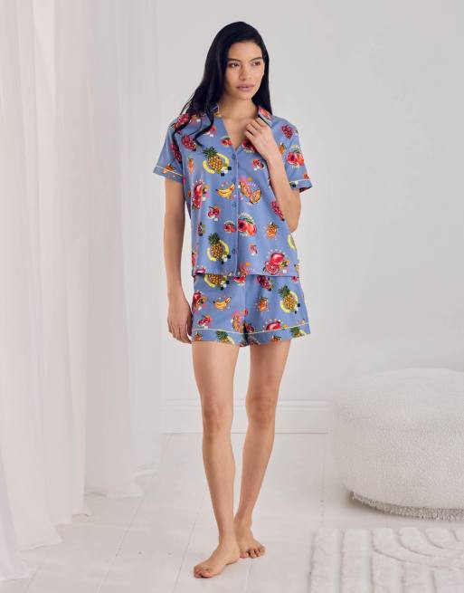 Chelsea Peers Cotton fruit party print button up short pyjama set in blue, 2 of 4