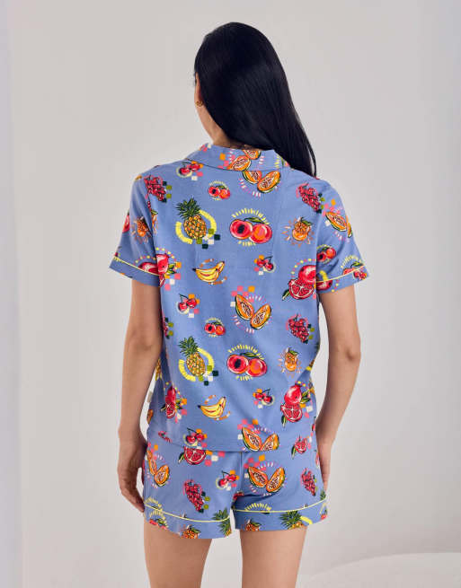 Chelsea Peers Cotton fruit party print button up short pyjama set in blue, 4 of 4