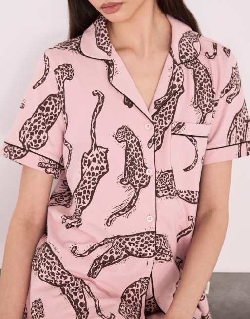 Chelsea Peers Cotton lino cut leopard print short pyjama set - pink in pink, 3 of 7