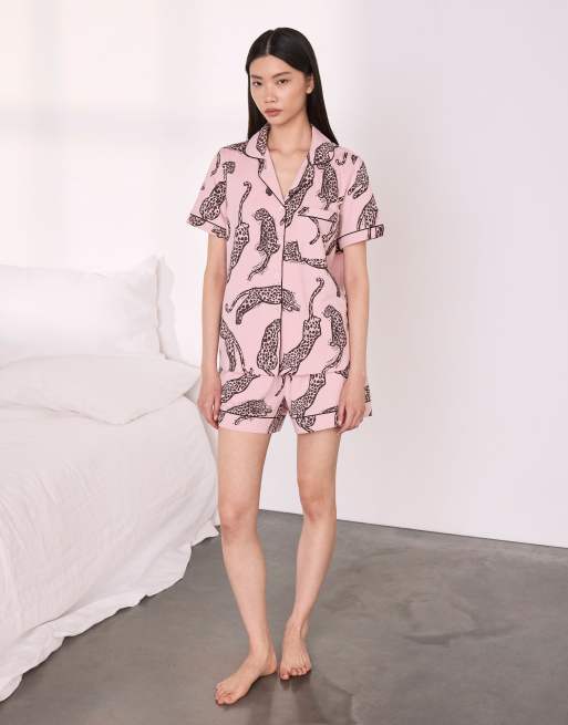Chelsea Peers Cotton lino cut leopard print short pyjama set - pink in pink, 4 of 7