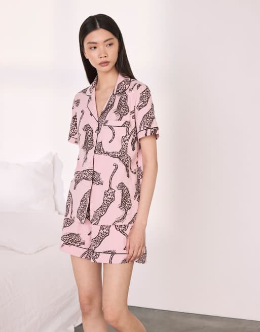 Chelsea Peers Cotton lino cut leopard print short pyjama set - pink in pink, 5 of 7