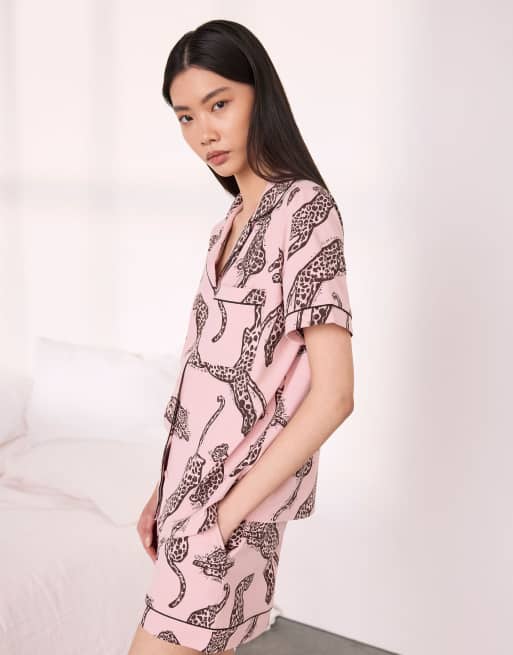 Chelsea Peers Cotton lino cut leopard print short pyjama set - pink in pink, 6 of 7