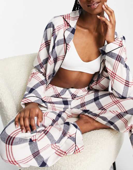 Chelsea Peers cotton revere top and pants pyjama set in cream based check print - CREAM