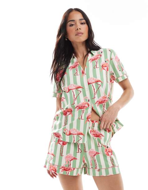 Chelsea Peers cotton short sleeve revere and short set in striped flamingo print  - view 1