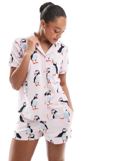 Chelsea Peers cotton short sleeve revere and shorts set in puffin print 