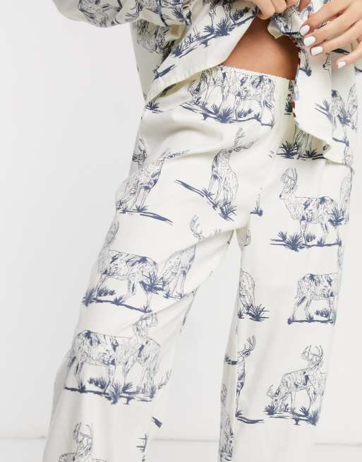 Chelsea Peers cotton sketchy stag print long camp collar pajama set in cream