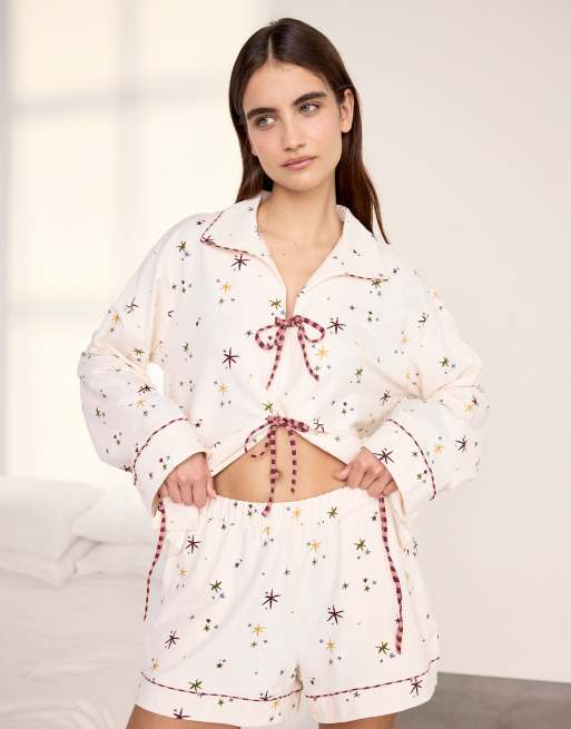 Chelsea Peers Cotton starlight print short pyjama set in off white, 4 of 5