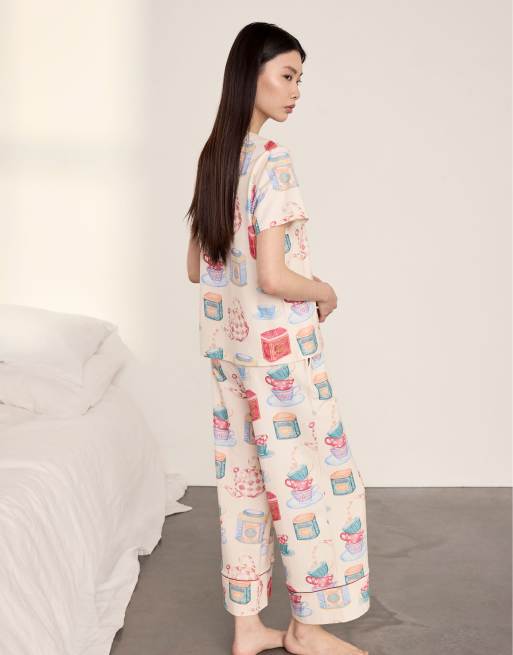 Chelsea Peers Cotton tea party print long pyjama set in off white, 2 of 5