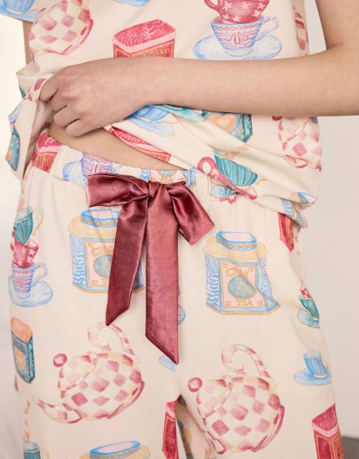Chelsea Peers Cotton tea party print long pyjama set in off white, 3 of 5