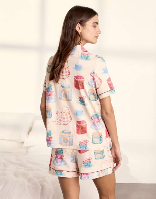 Chelsea Peers Cotton tea party print short pyjama set in off white, 2 of 6