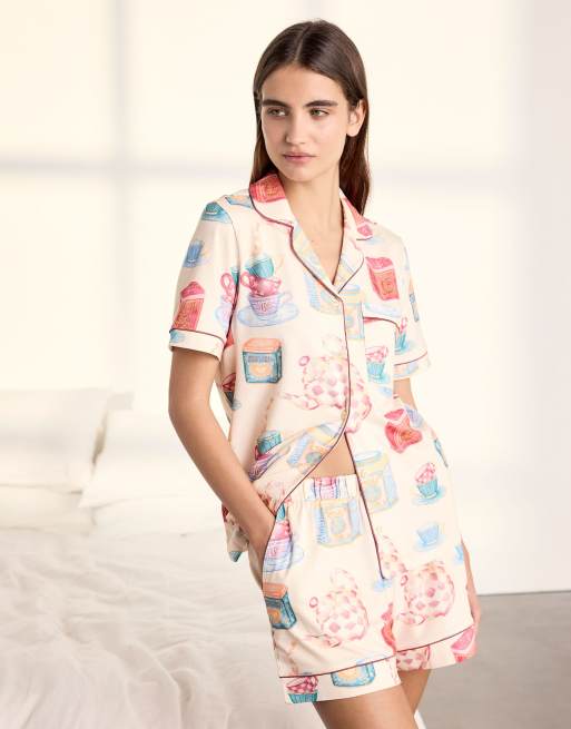 Chelsea Peers Cotton tea party print short pyjama set in off white, 5 of 6