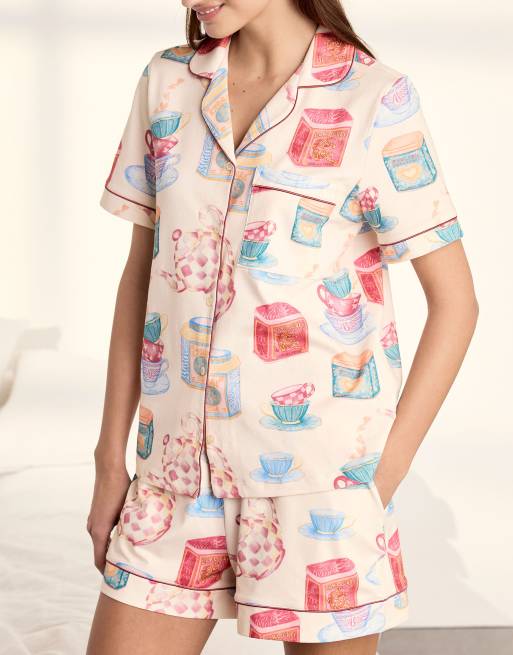Chelsea Peers Cotton tea party print short pyjama set in off white, 6 of 6