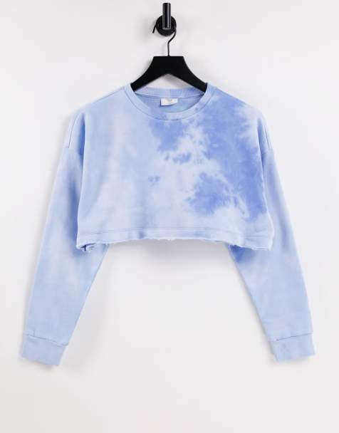 Chelsea Peers cotton tie dye cropped sweat with raw edge detail in blue - MBLUE - view 1