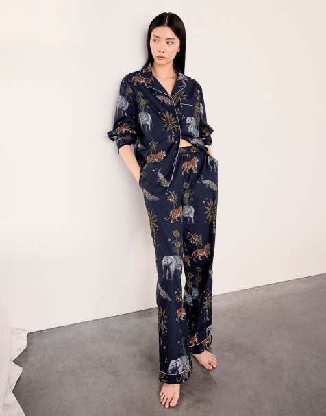 Chelsea Peers Cotton twilight safari print long pyjama set in navy - view 1