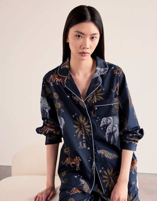 Chelsea Peers Cotton twilight safari print long pyjama set in navy, 5 of 6