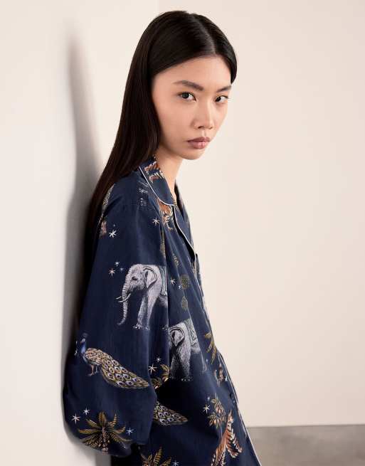 Chelsea Peers Cotton twilight safari print long pyjama set in navy, 6 of 6