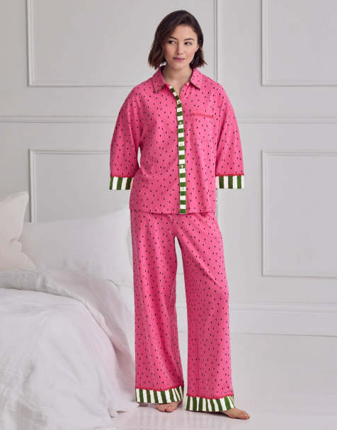 Chelsea Peers Cotton watermelon print long pyjama set in pink - view 1