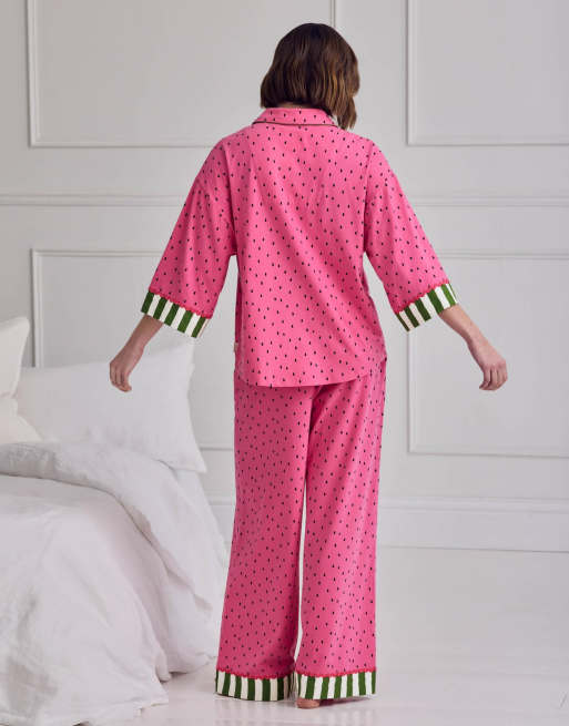 Chelsea Peers Cotton watermelon print long pyjama set in pink, 3 of 4
